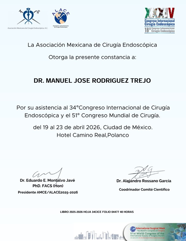 Diploma, certificado o constancia del Dr. Manuel José Rodríguez Trejo