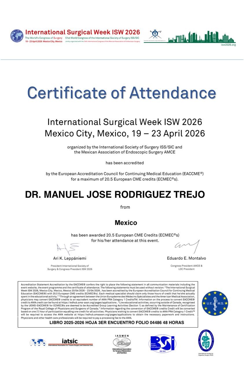 Diploma, certificado o constancia del Dr. Manuel José Rodríguez Trejo