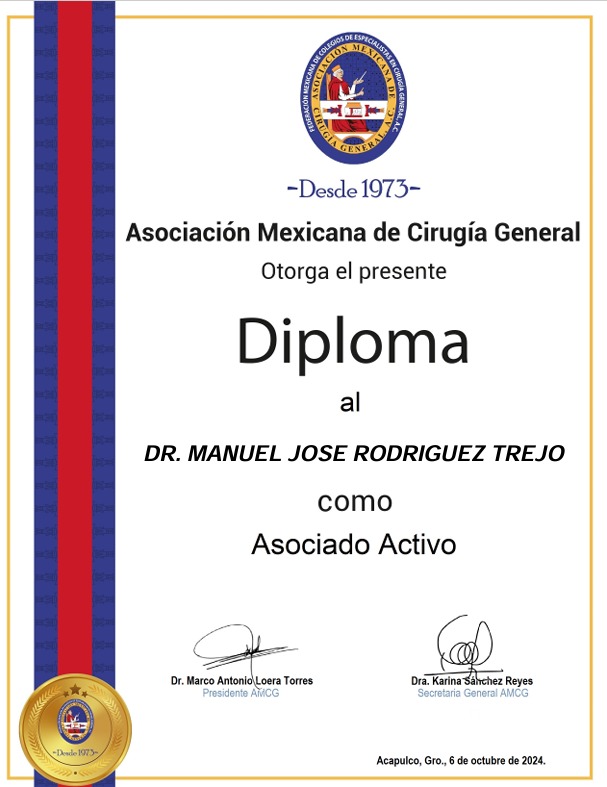 Diploma, certificado o constancia del Dr. Manuel José Rodríguez Trejo